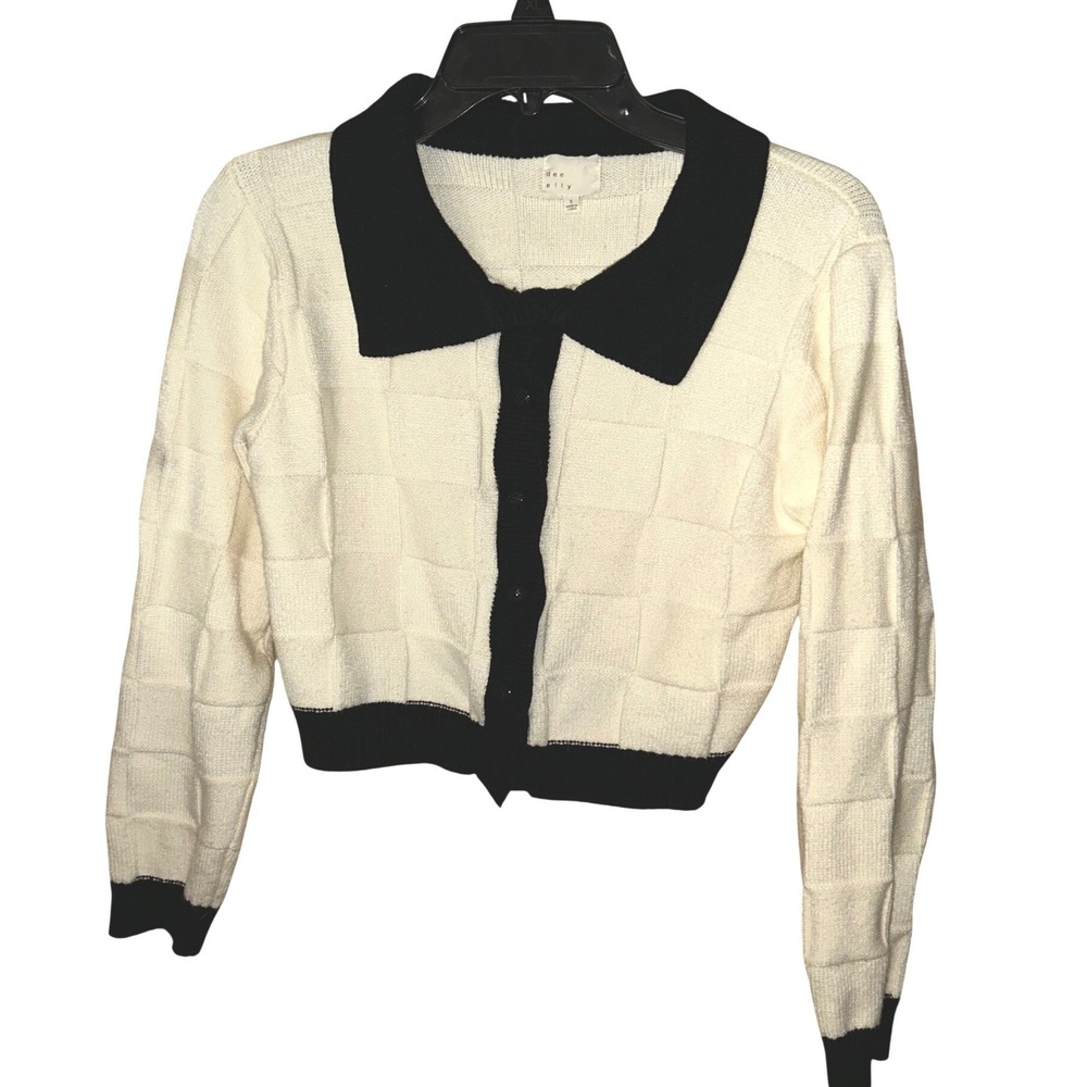 Dee Elly Cream Black‎ Checkerboard Knit Collared Button Up Cardigan Sweater S